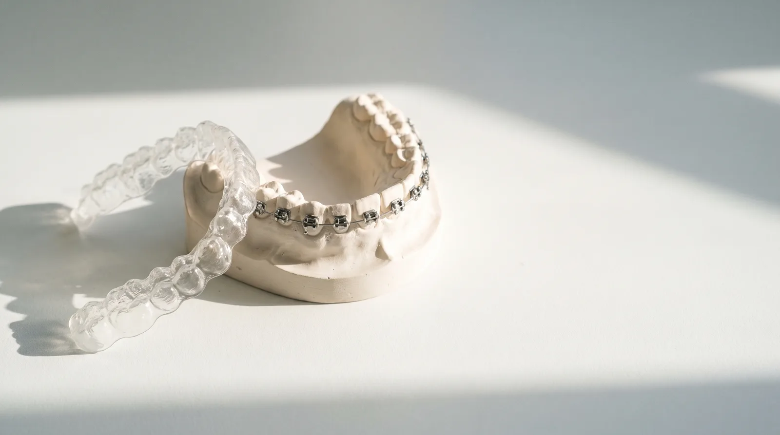 A clear aligner tray beside a tooth model fitted with metal braces on a white surface