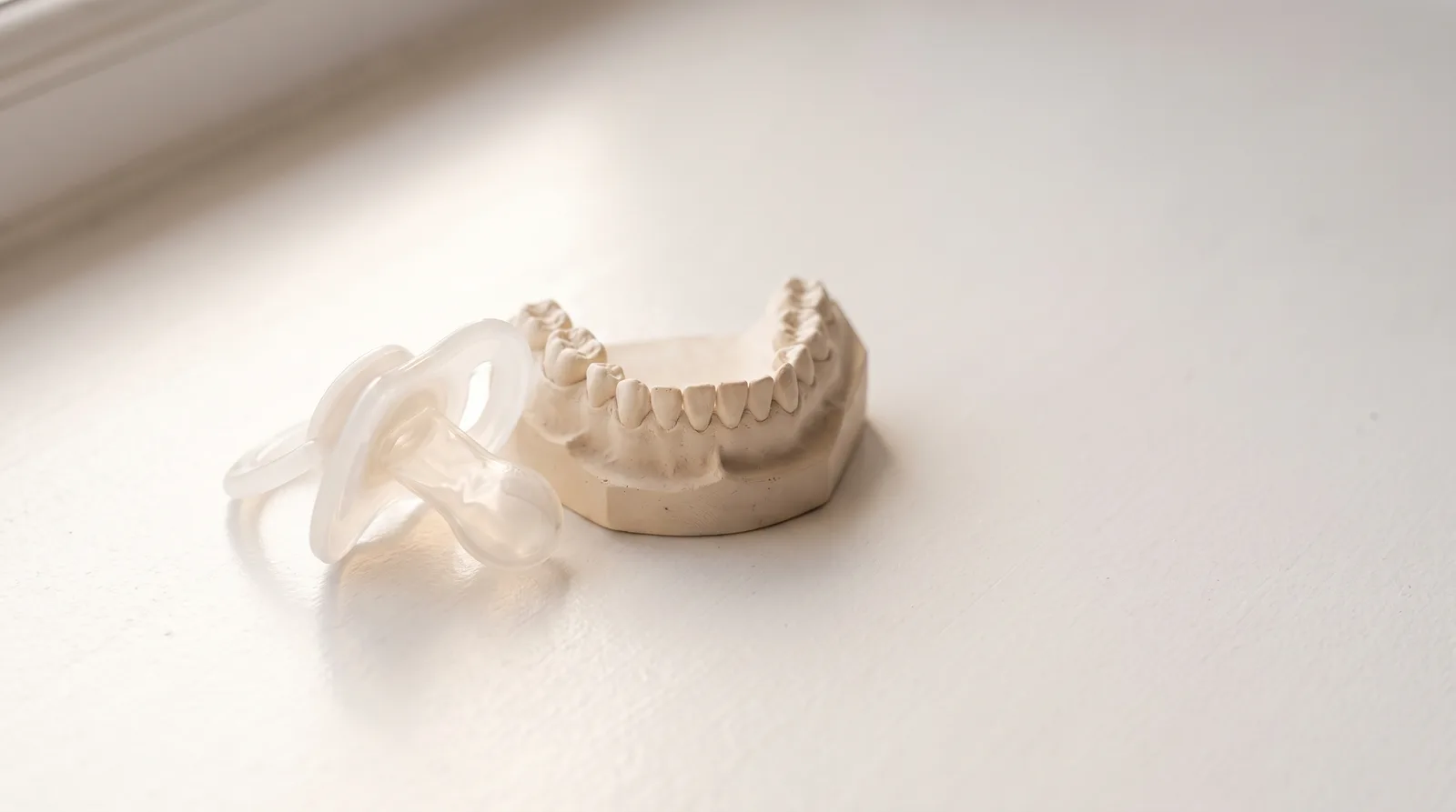 A baby dummy beside a small plaster model of teeth on a white surface