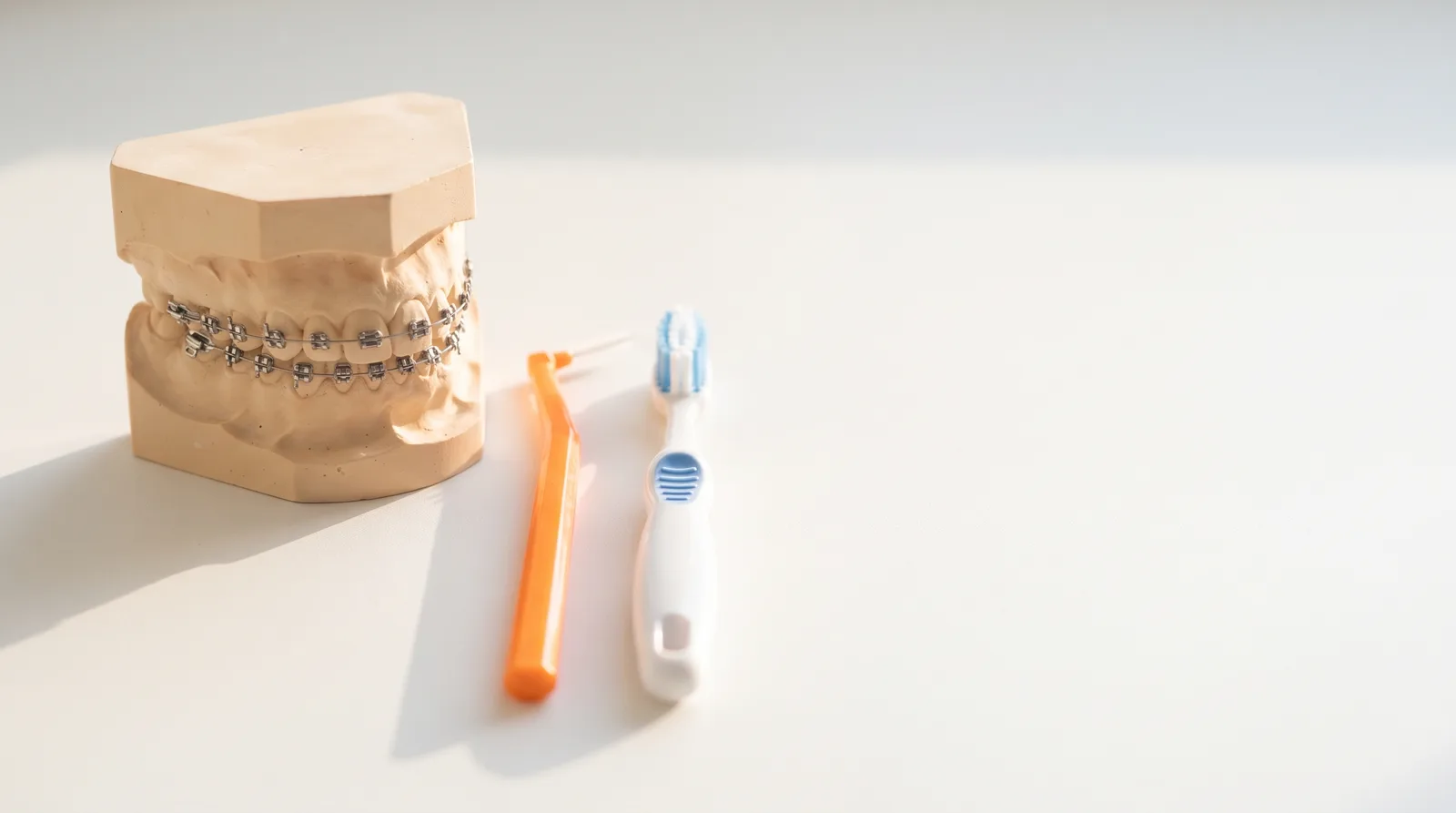 A tooth model fitted with metal braces beside an interdental brush and a toothbrush