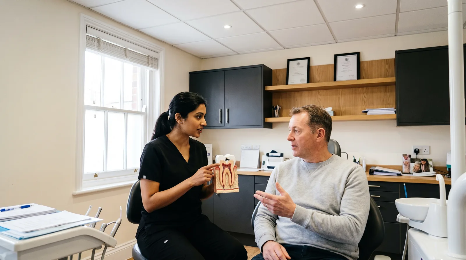Dentist and patient discussing a composite filling using a tooth model in a bright treatment room