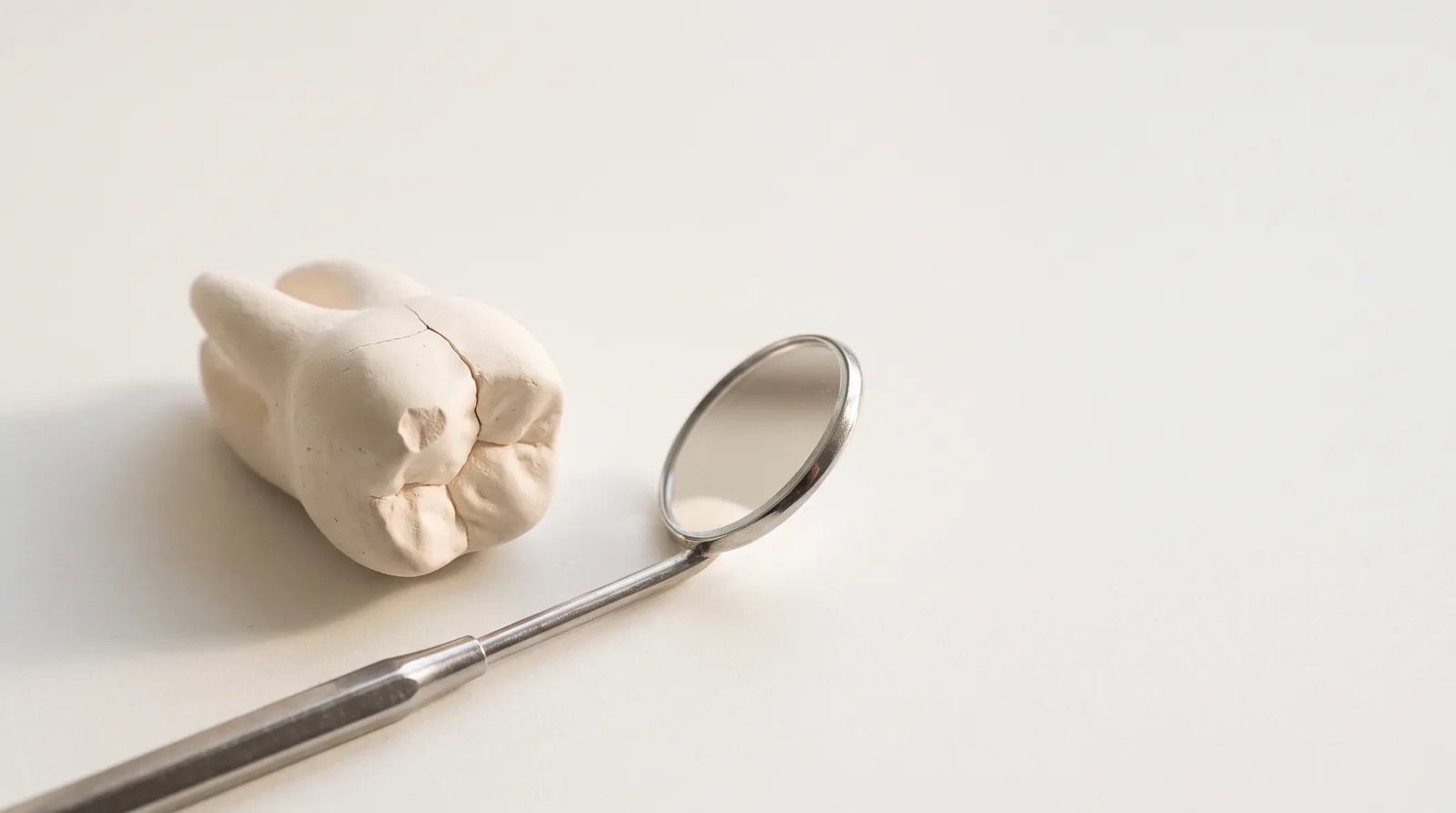 A tooth model with a hairline crack and a small chip, beside a dental mirror