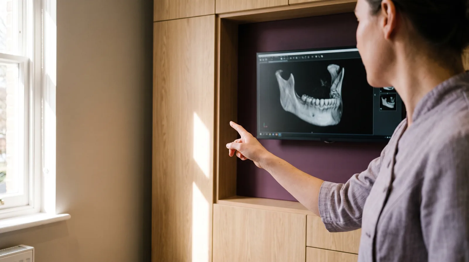 Clinician pointing at a three-dimensional jaw scan on a treatment-room screen