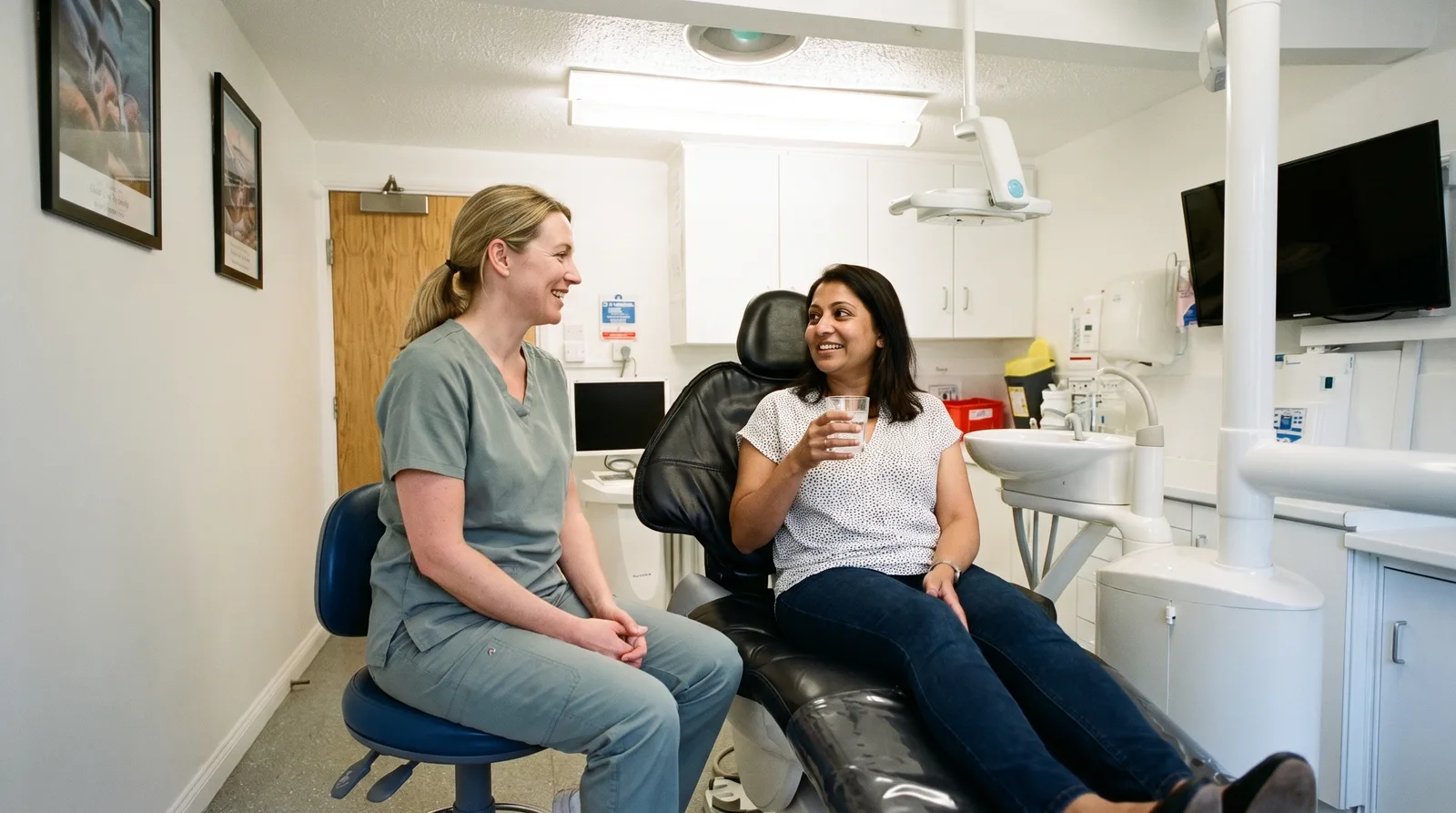 A dentist and a patient holding a glass of water talking in a dental treatment room