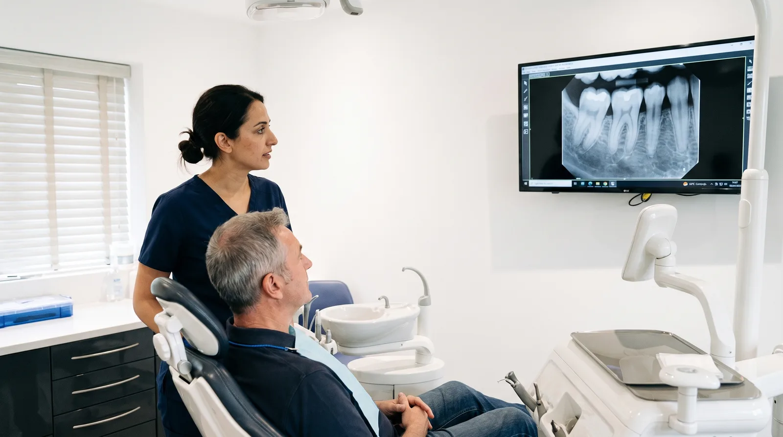 A dentist and a patient looking at a dental X-ray on a screen in a treatment room