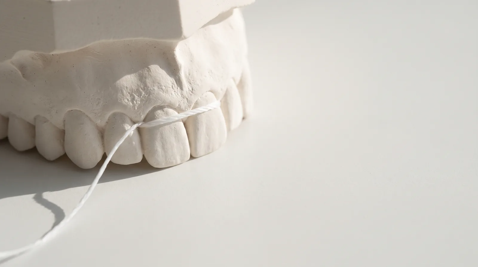A length of dental floss pulled between two teeth on a model of the upper teeth