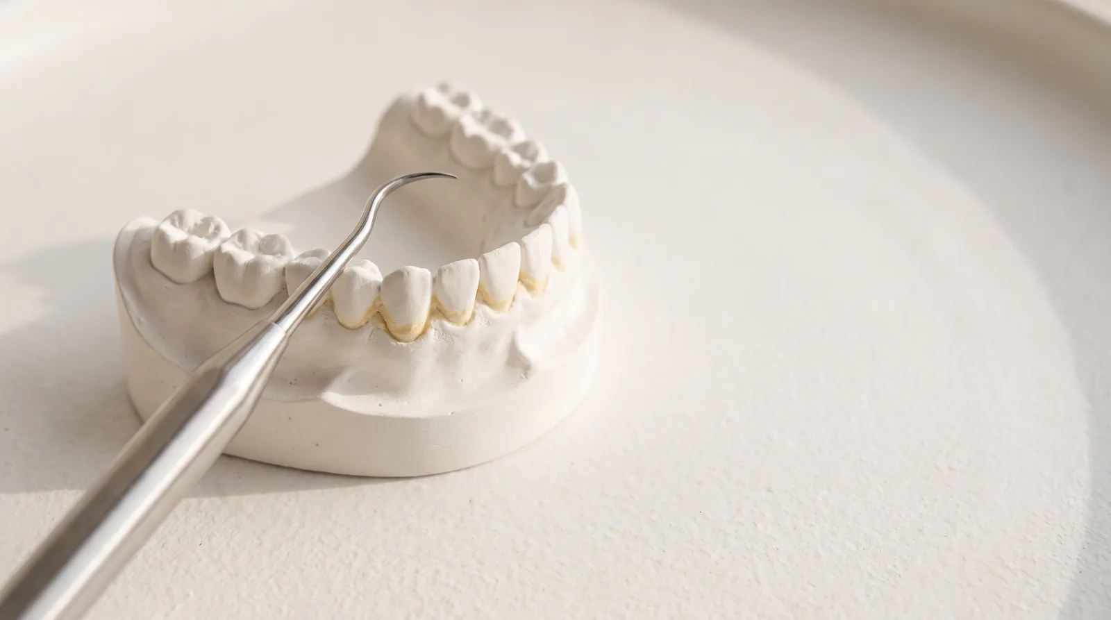 A hand scaler resting against a jaw model with a band of tartar along the gumline