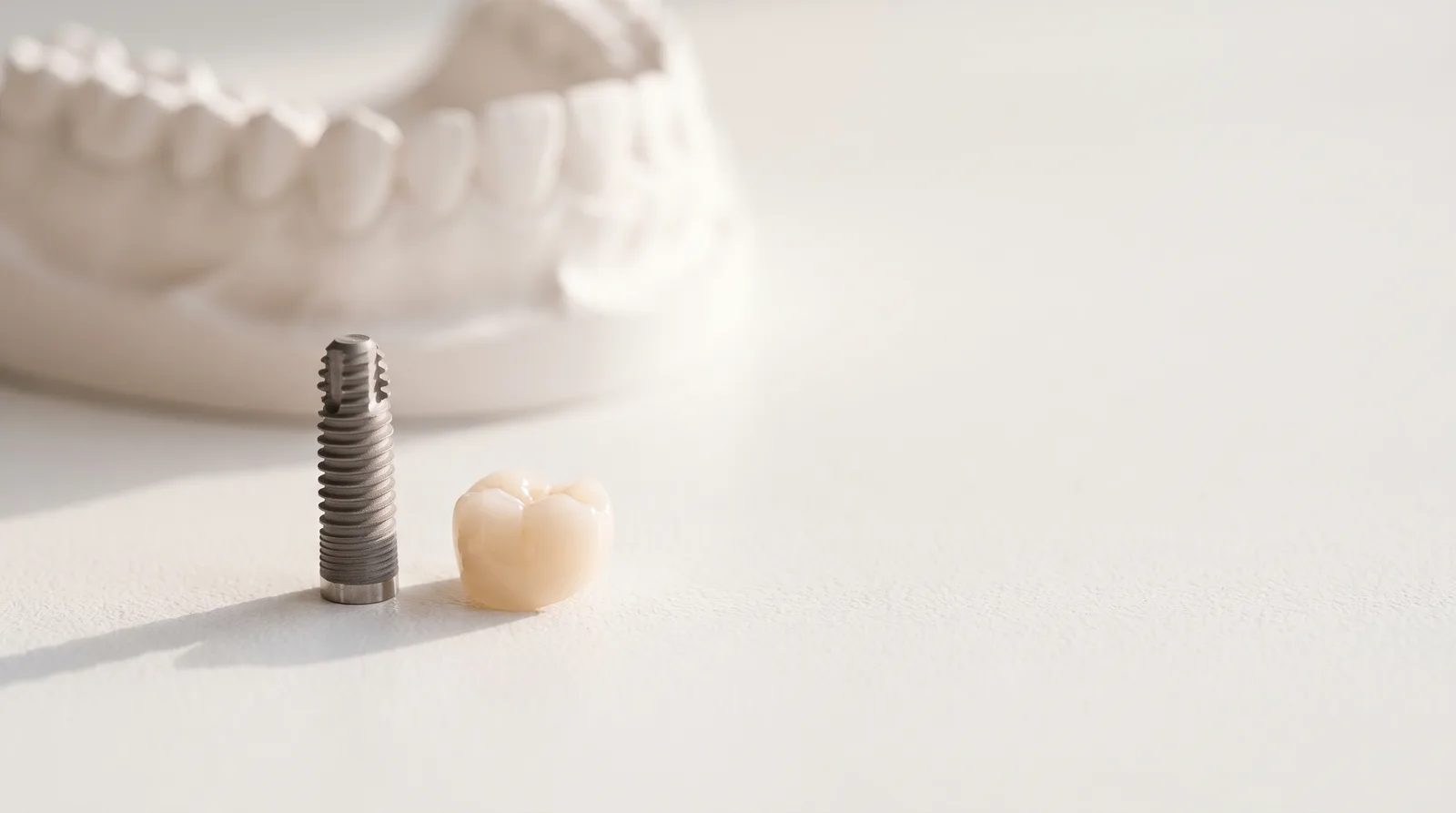 A titanium dental implant post beside a ceramic crown, with a jaw model behind