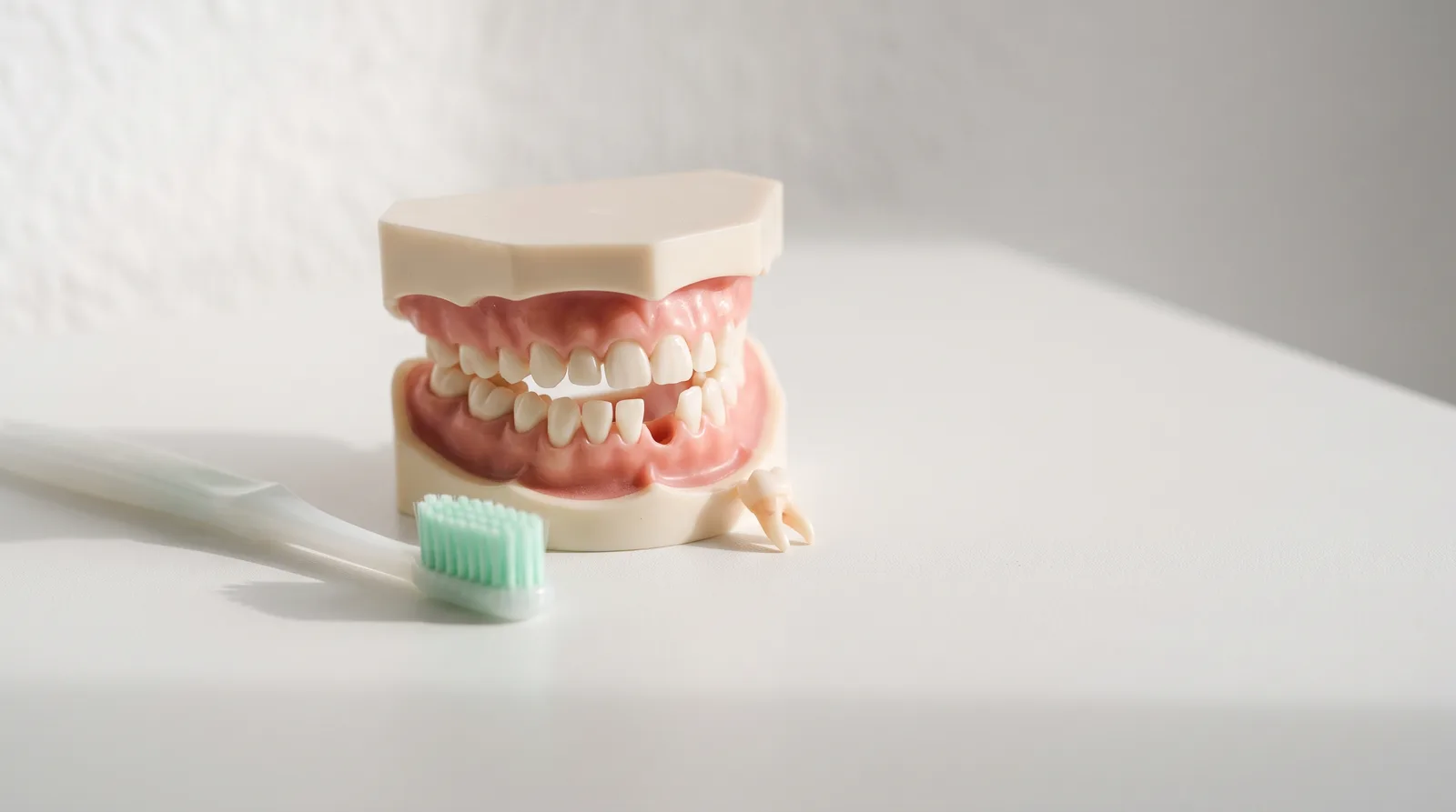 A child-sized teeth model with one front baby tooth lifted out, beside a toothbrush