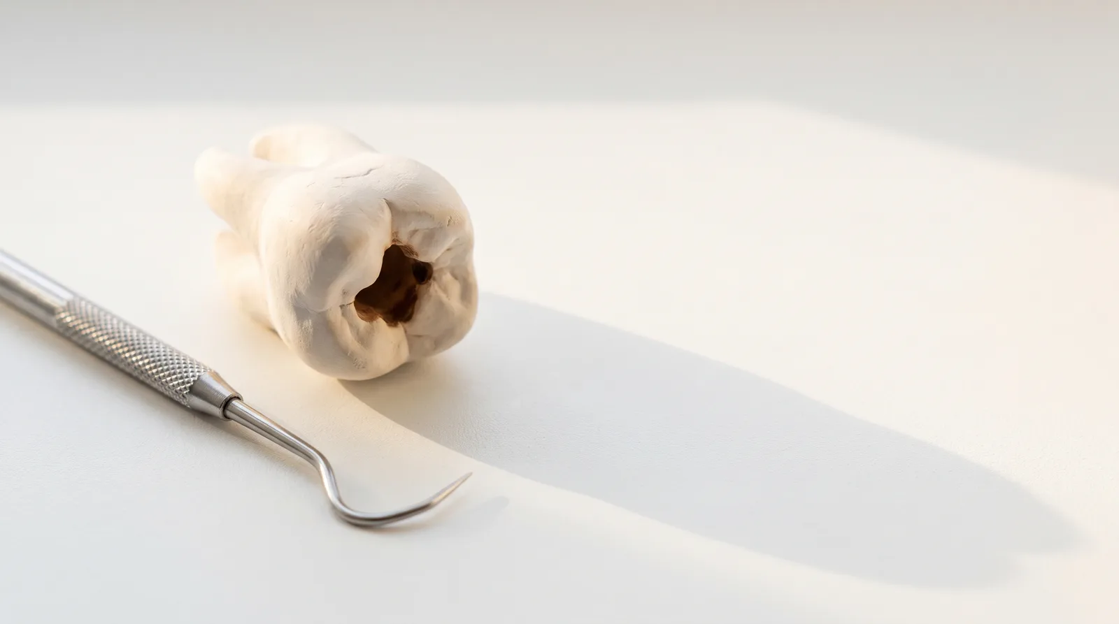 A large molar tooth model with a dark cavity in its chewing surface, beside a dental probe