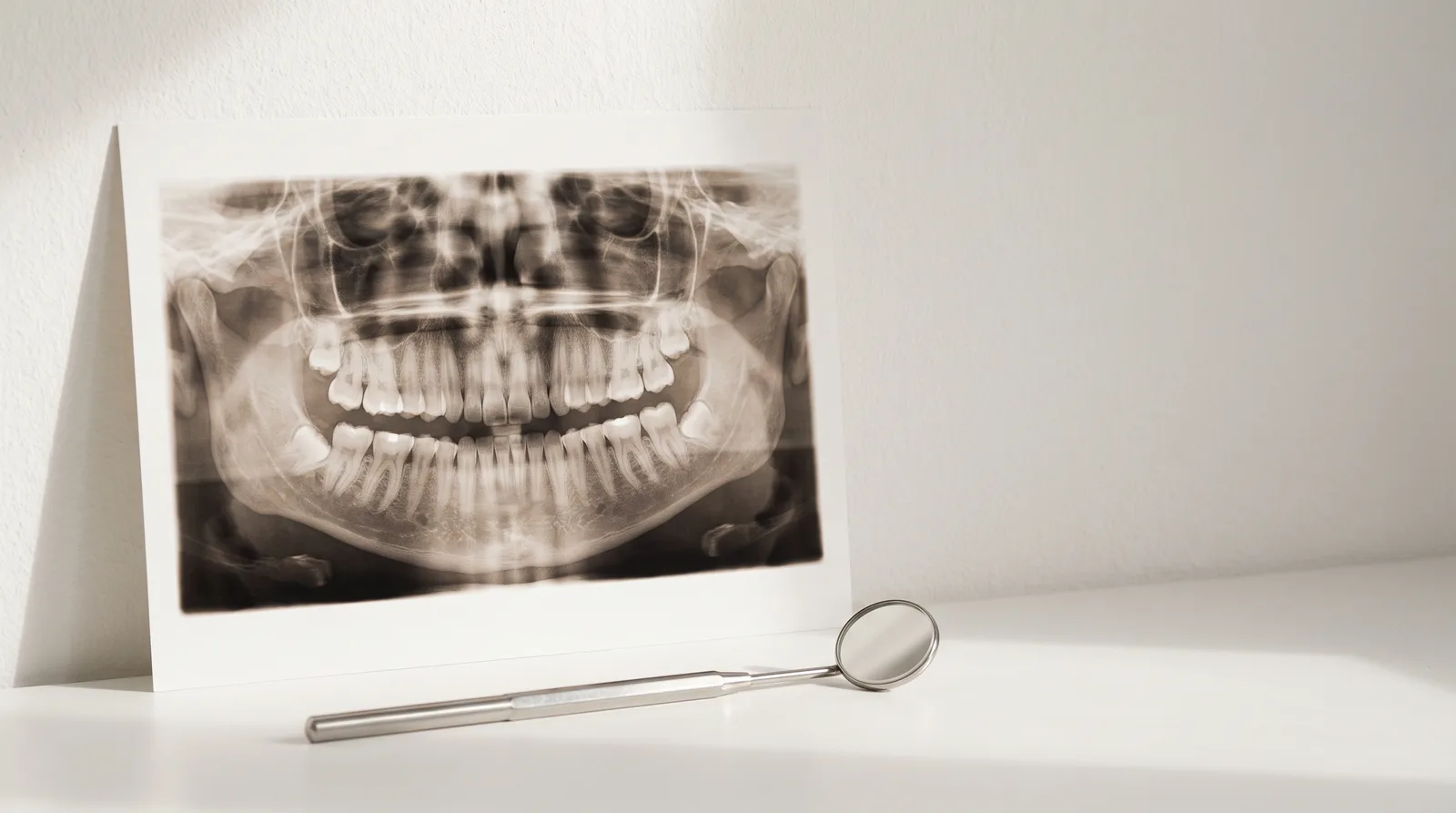 A printed panoramic dental X-ray standing behind a dental mirror on a white surface