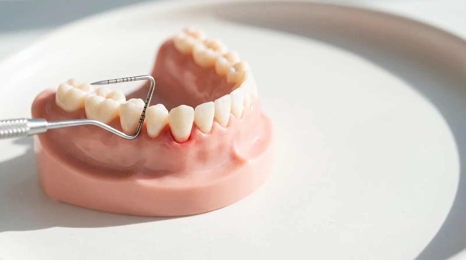 A dental probe resting against the gumline of a jaw model, with one area of red gum