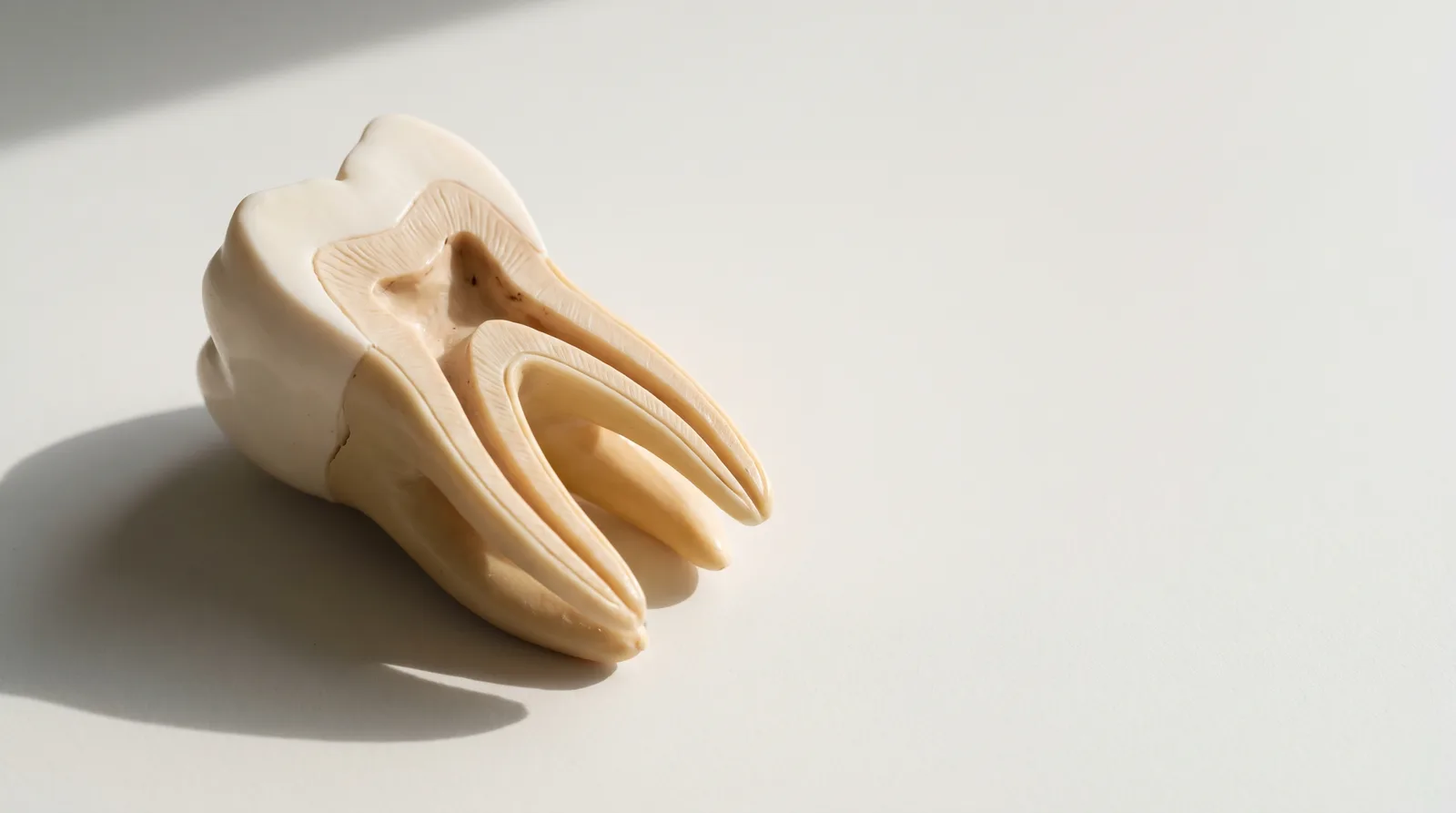 A large tooth model cut open to show the root canals inside the roots
