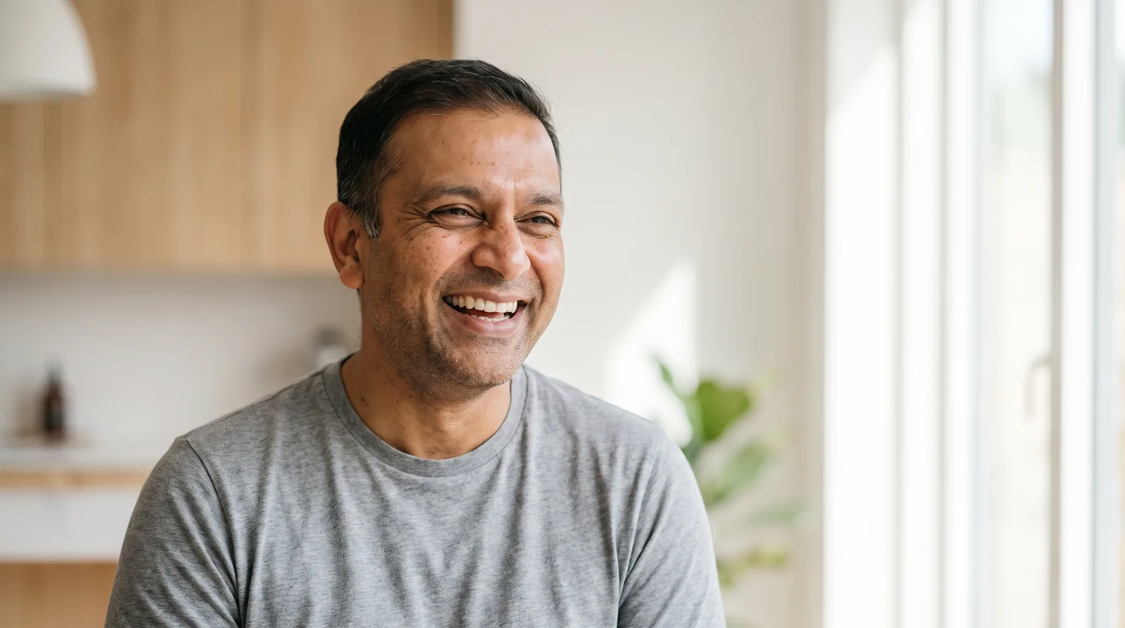 Man smiling naturally in daylight after teeth whitening treatment