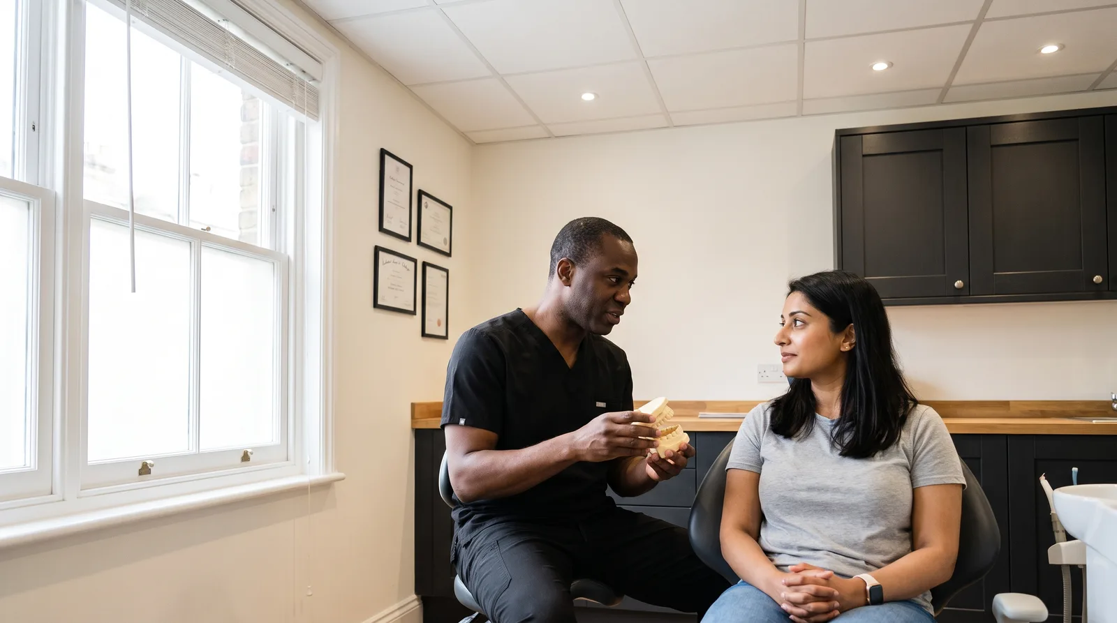Dentist calmly explaining a tooth extraction to a patient using a dental model