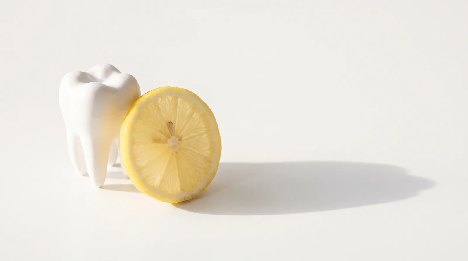 A white tooth model beside a slice of lemon on a matte white surface
