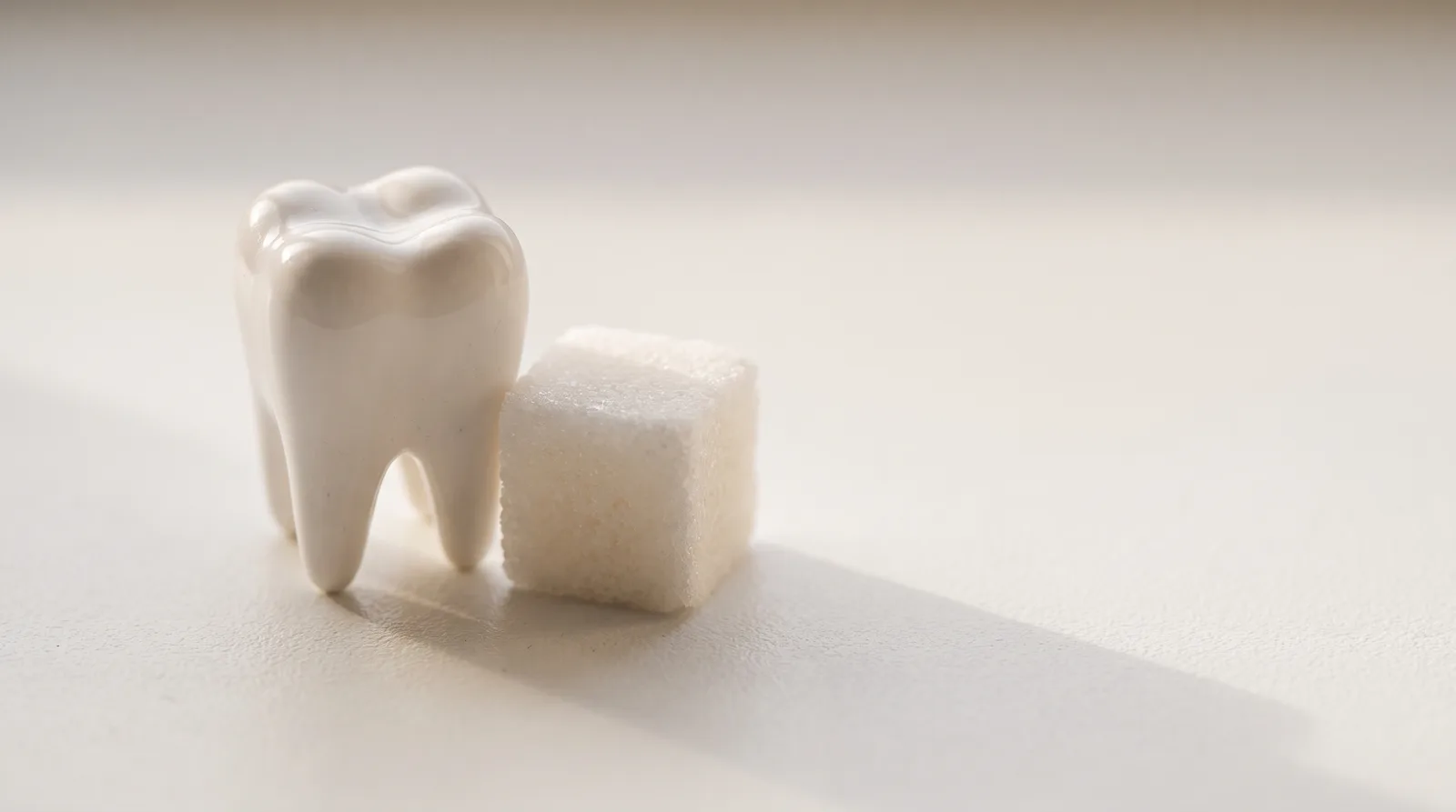 A white tooth model beside a single sugar cube on a matte white surface