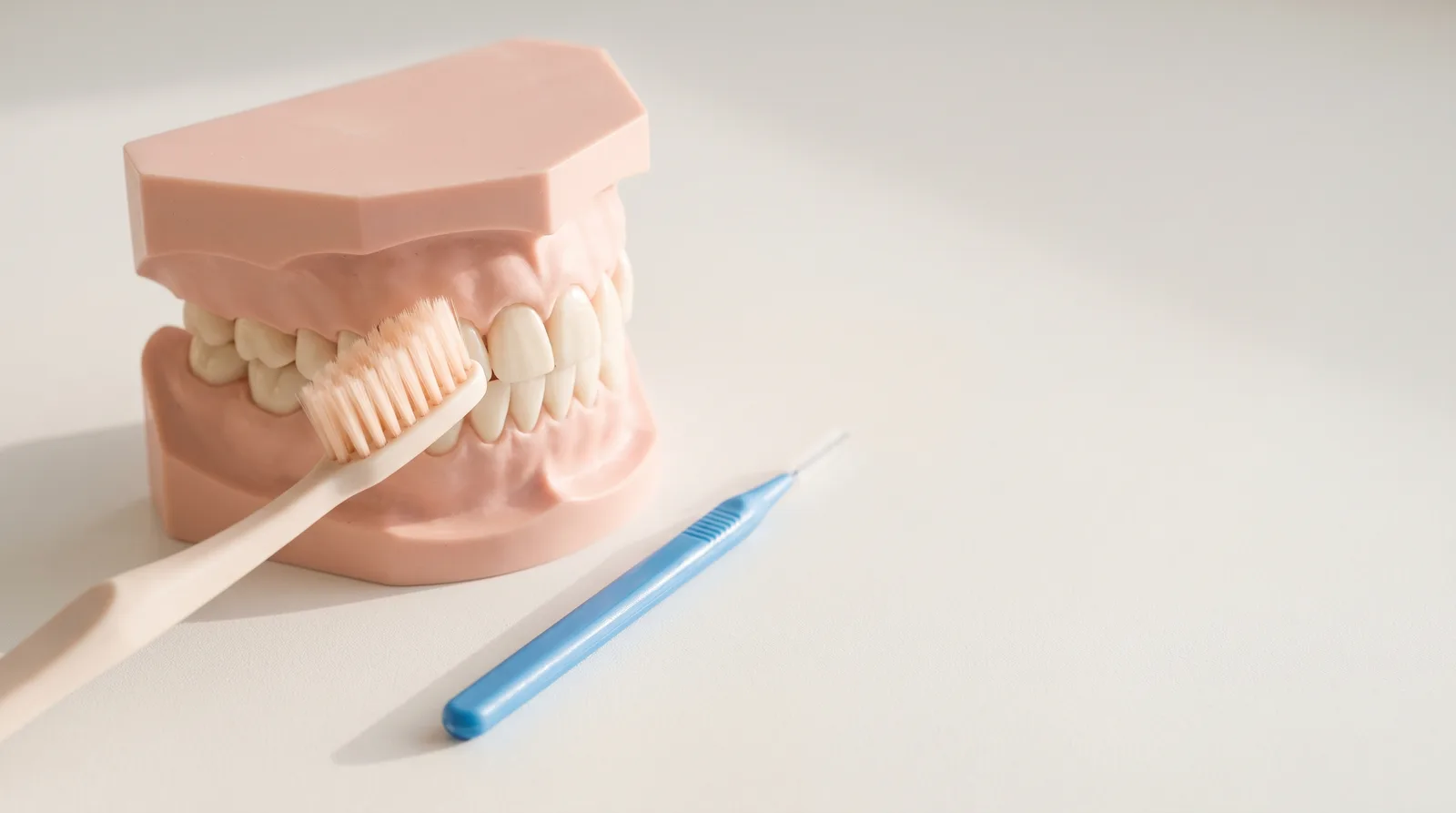 A soft toothbrush and a small interdental brush beside a model of teeth and gums