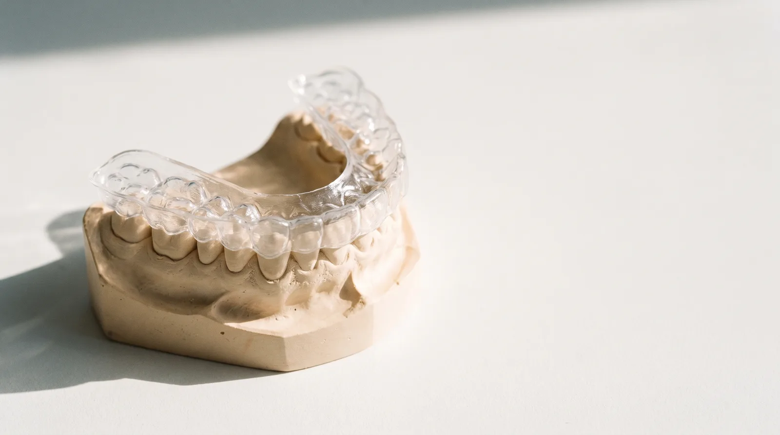 A clear whitening tray resting on a plaster model of teeth